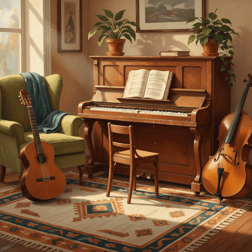 # Alt Text

Acoustic piano keyboard and wooden instruments arranged in warm natural light with earth-tone colors and teal accents.