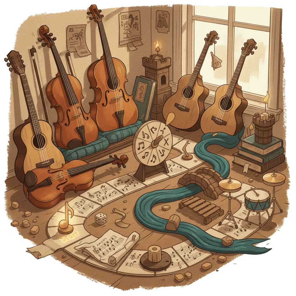 Acoustic guitar, ukulele, and violin arranged on wooden surface in warm natural sunlight.