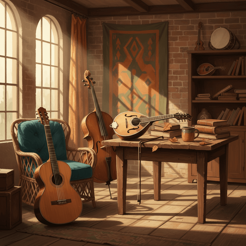 A collection of acoustic instruments—guitar, ukulele, and violin—arranged on a wooden surface in warm, diffused natural light.