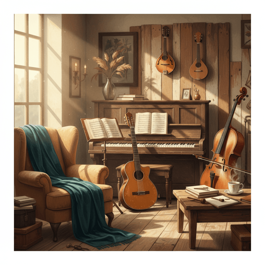 Acoustic guitar, ukulele, and violin arranged on a wooden surface in warm, soft natural light.