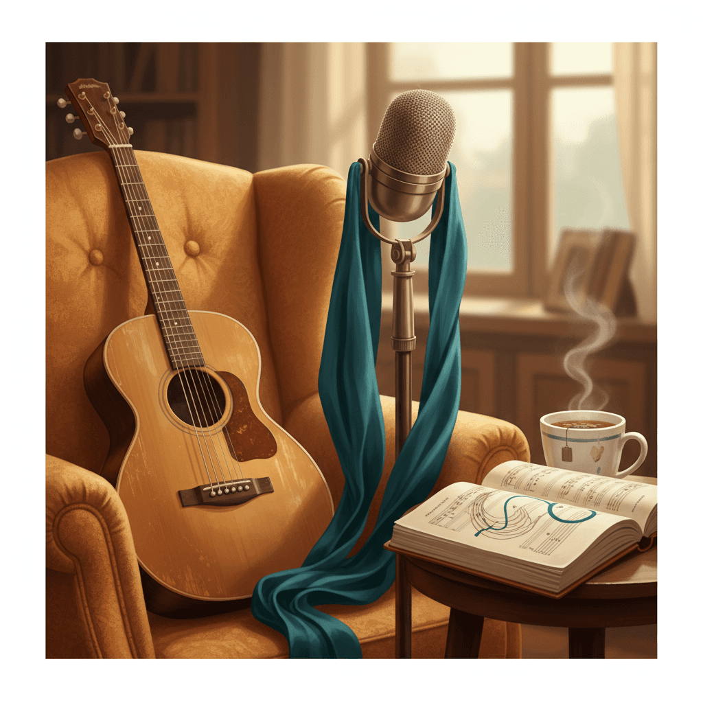 Acoustic guitar and violin resting together on wooden surface in warm, diffused natural light.