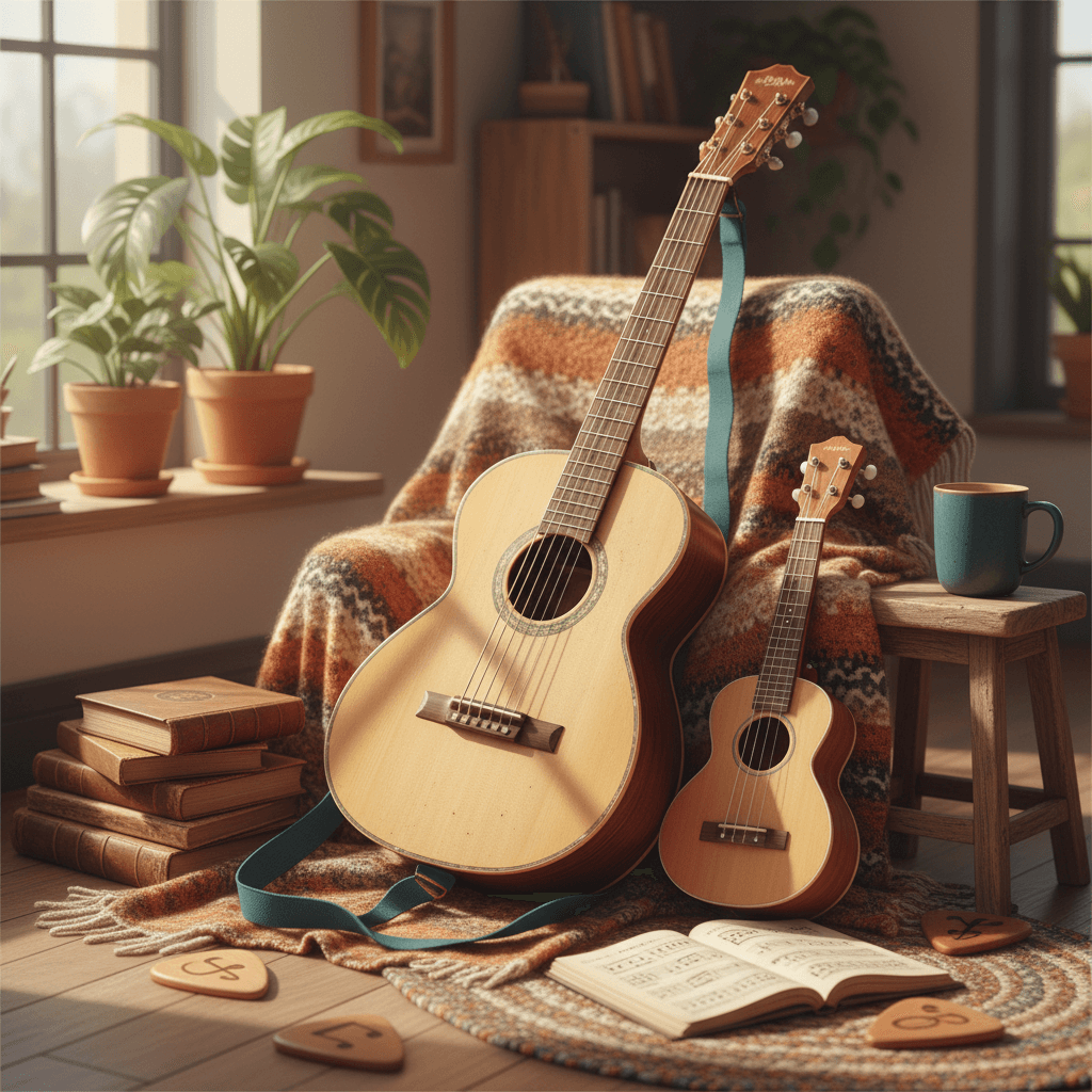 # Alt Text
Acoustic guitars arranged on a wooden surface in warm, natural sunlight with soft shadows.