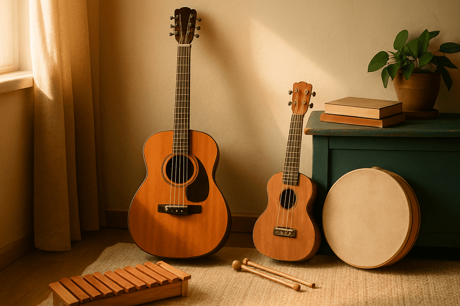 Acoustic guitar and violin arranged on warm wooden surface in soft natural lighting.