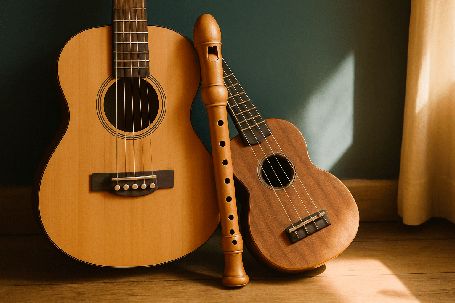 Several acoustic instruments arranged together in natural light with warm, earthy tones and a teal accent.