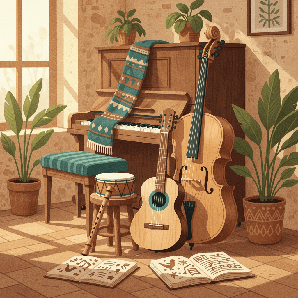 A collection of acoustic instruments—guitar, ukulele, and violin—arranged on a wooden surface in warm, diffused natural light.