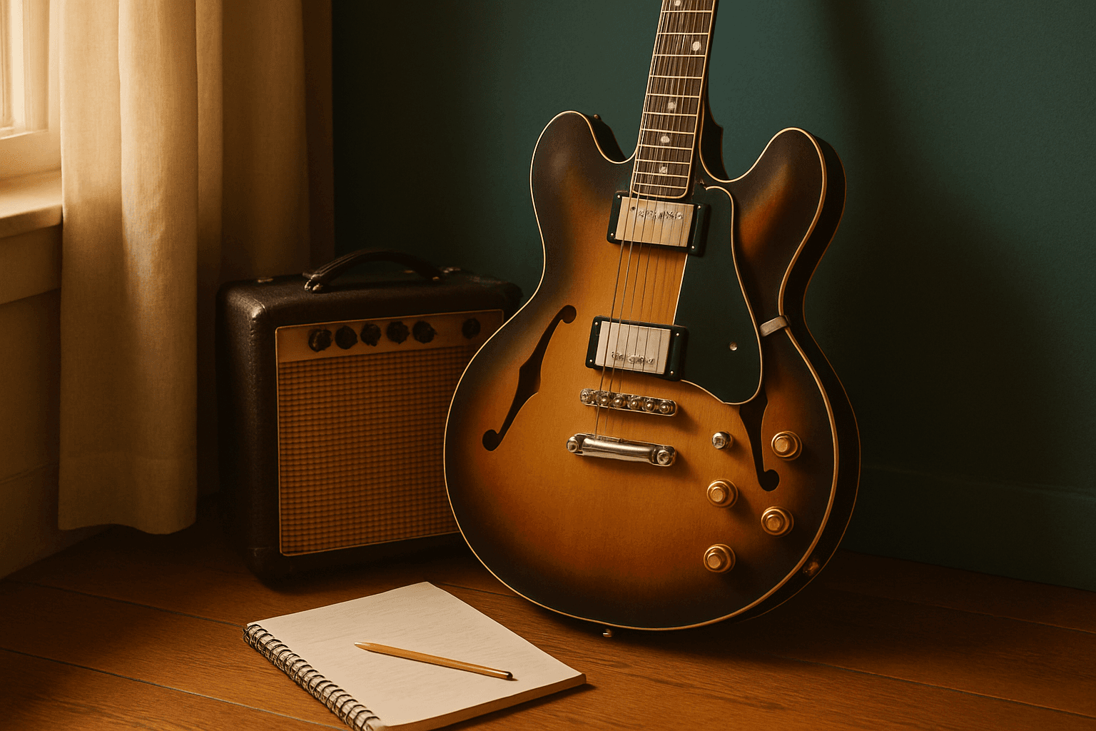 # Alt Text
A wooden acoustic guitar rests on a surface bathed in warm sunlight, casting soft shadows across its body and strings.