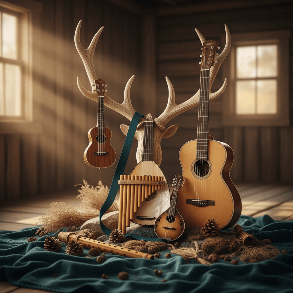 # Alt Text for Elkhorn Music Lessons Blog Cover
Acoustic guitar and violin resting on a wooden surface in warm, natural sunlight with earth tone colors.