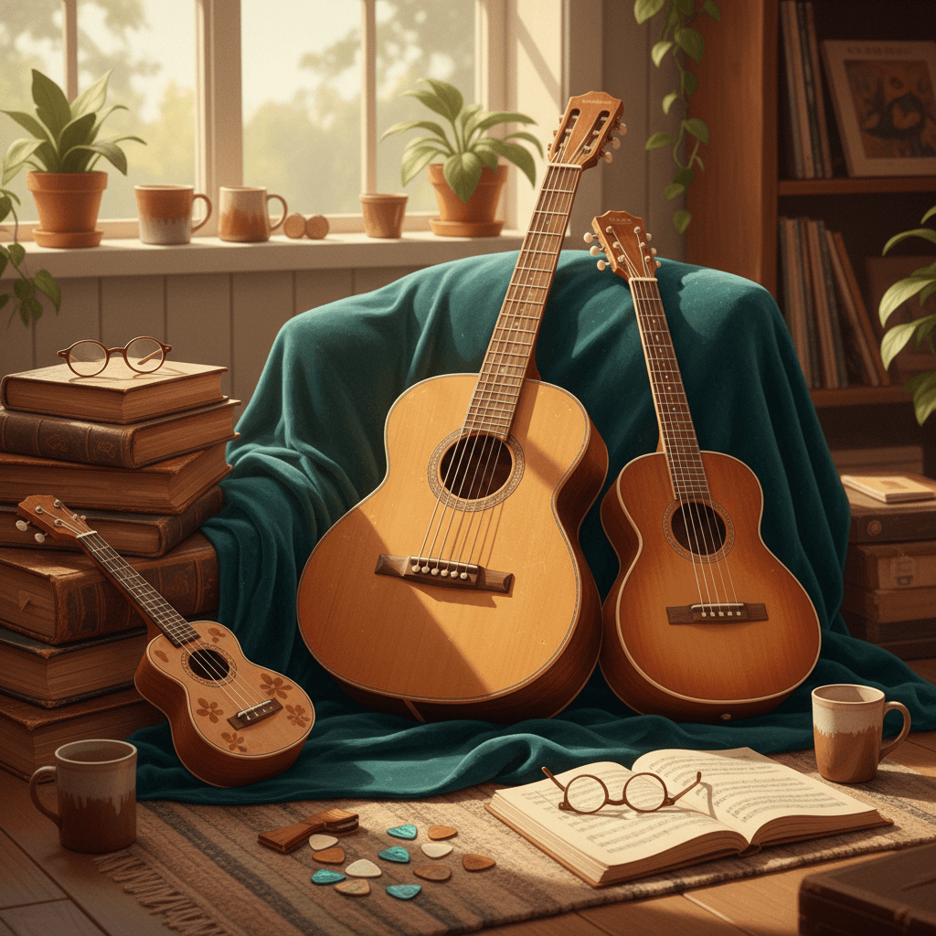 # Alt Text
Acoustic guitars and ukuleles arranged on warm wooden surface, bathed in soft natural sunlight casting gentle shadows.