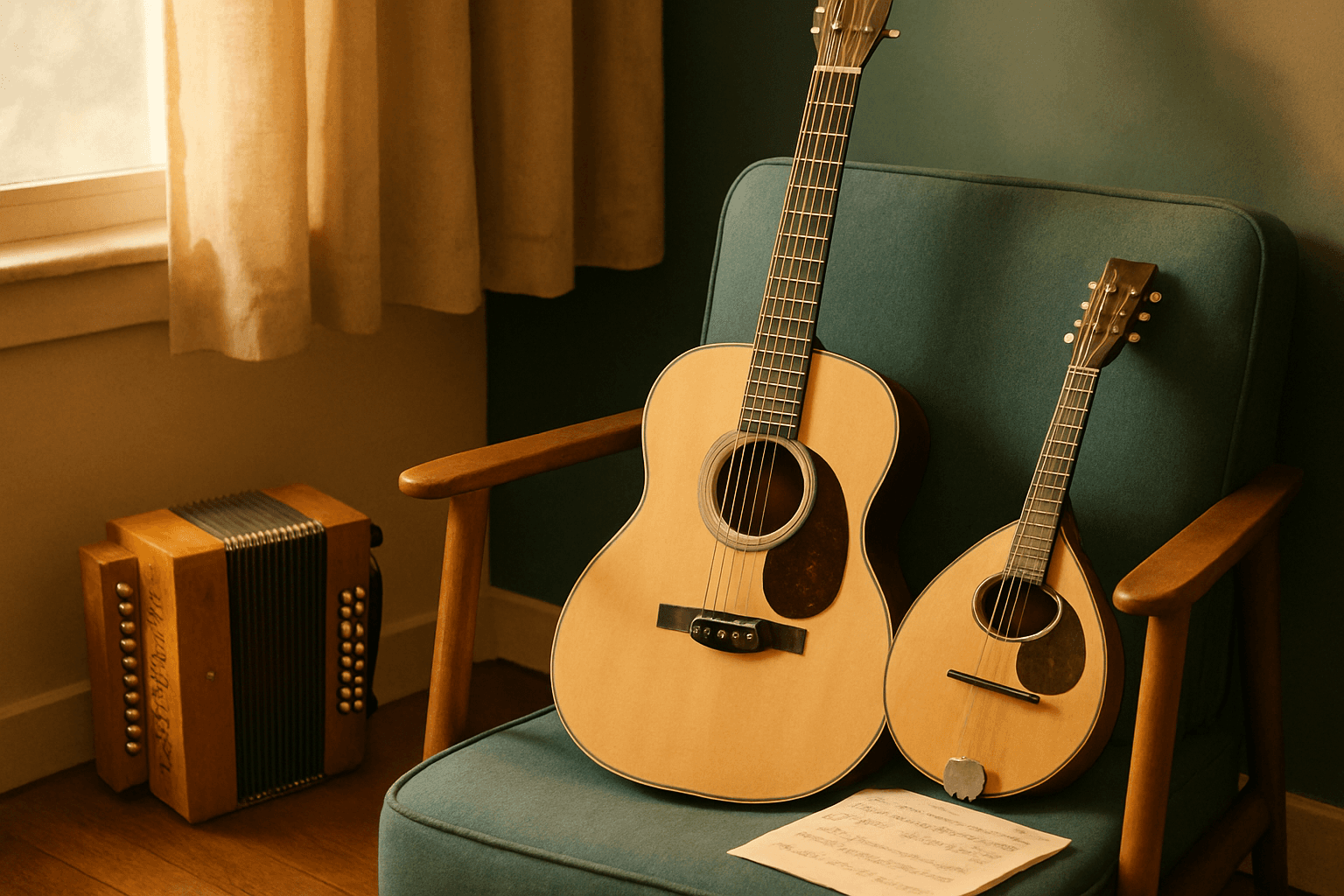 Acoustic guitar and ukulele resting on wooden surface in warm, natural sunlight casting soft shadows.