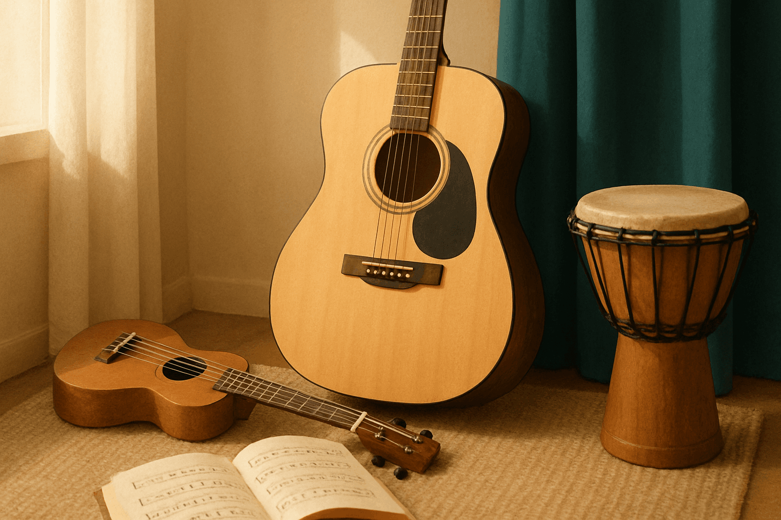 # Alt Text for Guitar Lessons Blog Cover
**Acoustic guitar resting against warm wooden surface with soft natural light casting gentle shadows.**