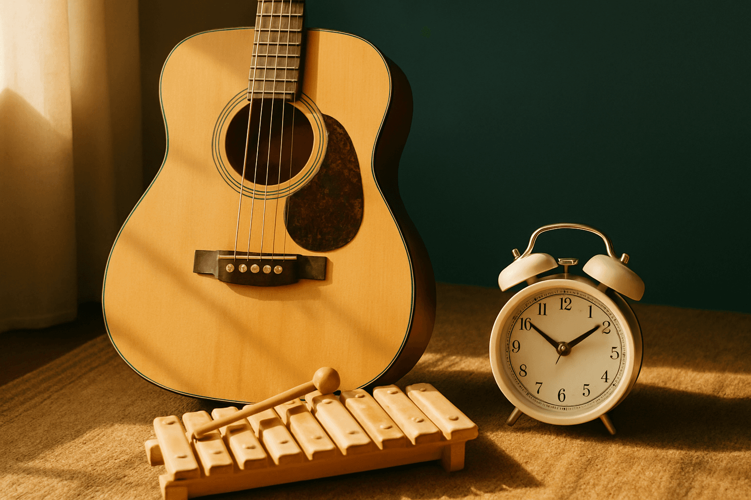 Acoustic guitar, violin, and sheet music arranged on wooden surface in warm natural light.