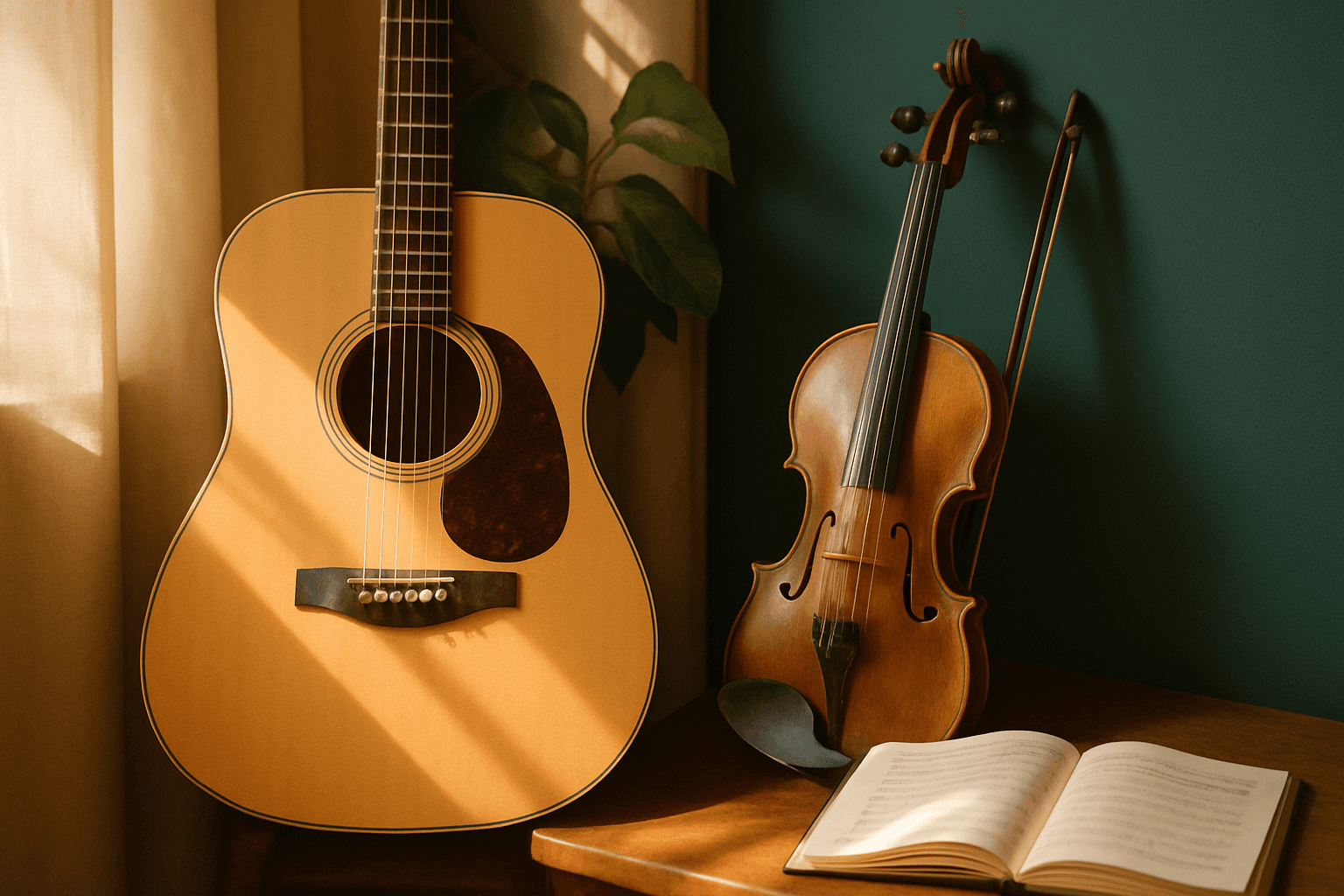 Various acoustic instruments arranged together with warm natural lighting and earthy color tones.