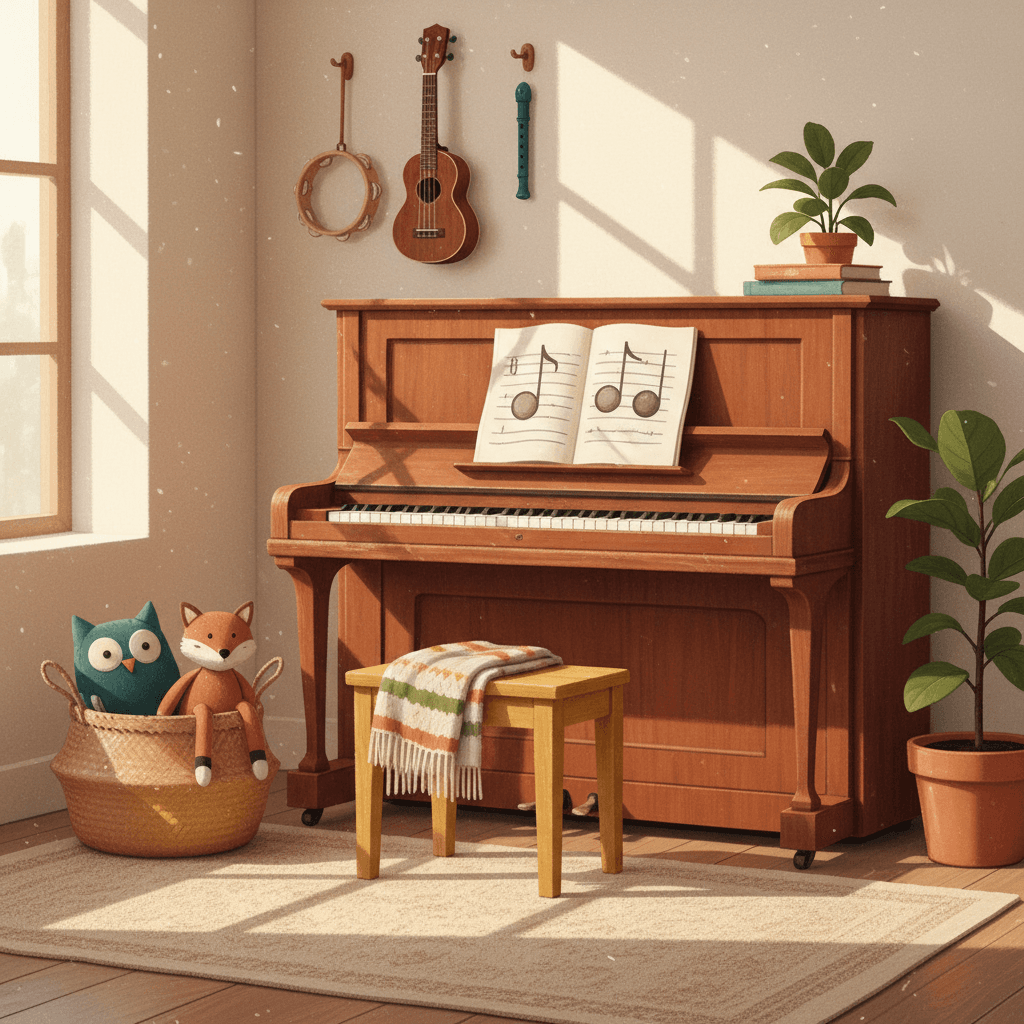Acoustic piano with sheet music resting on the stand, illuminated by soft natural window light.