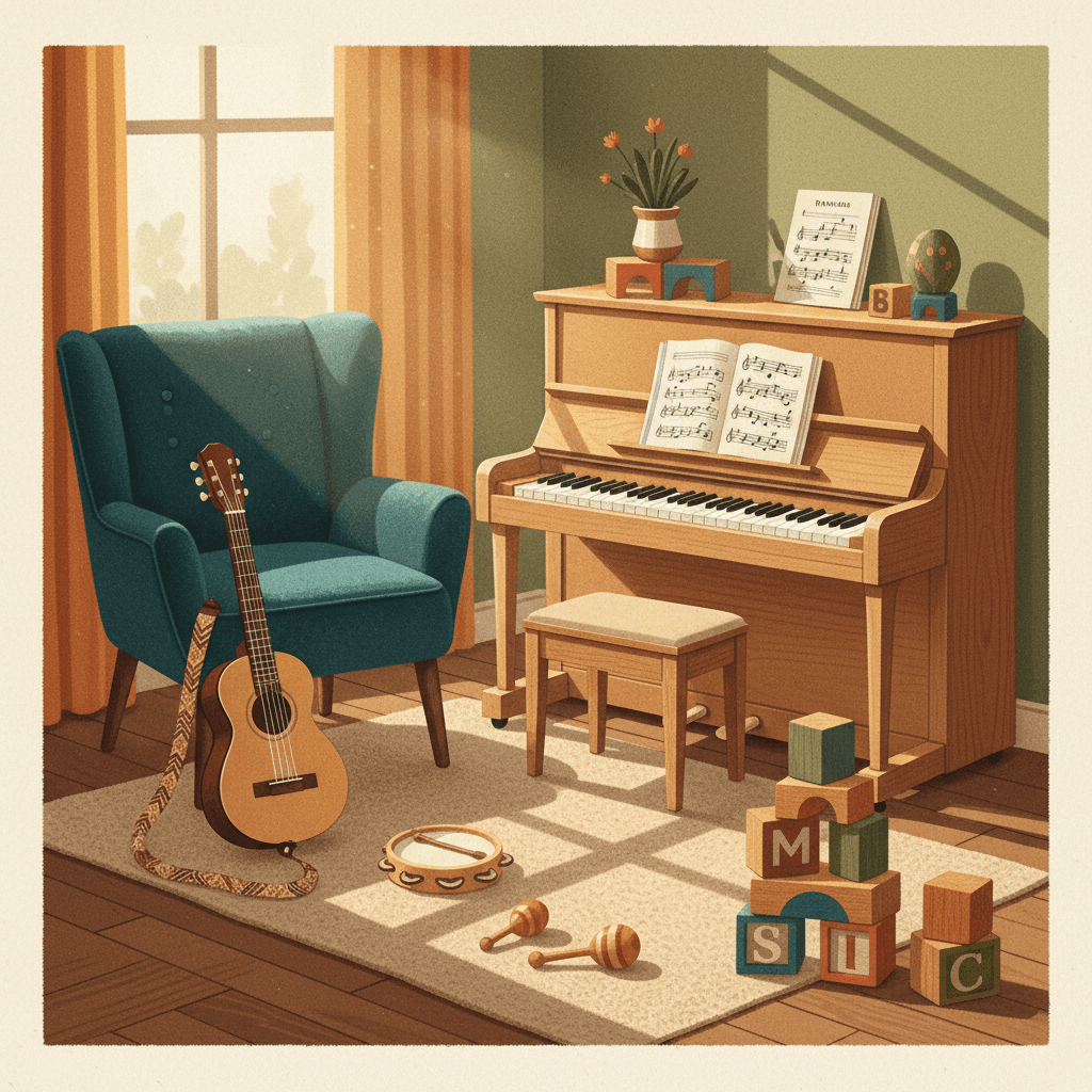 Acoustic piano keys and wooden stringed instruments arranged on a neutral surface in warm, natural sunlight.