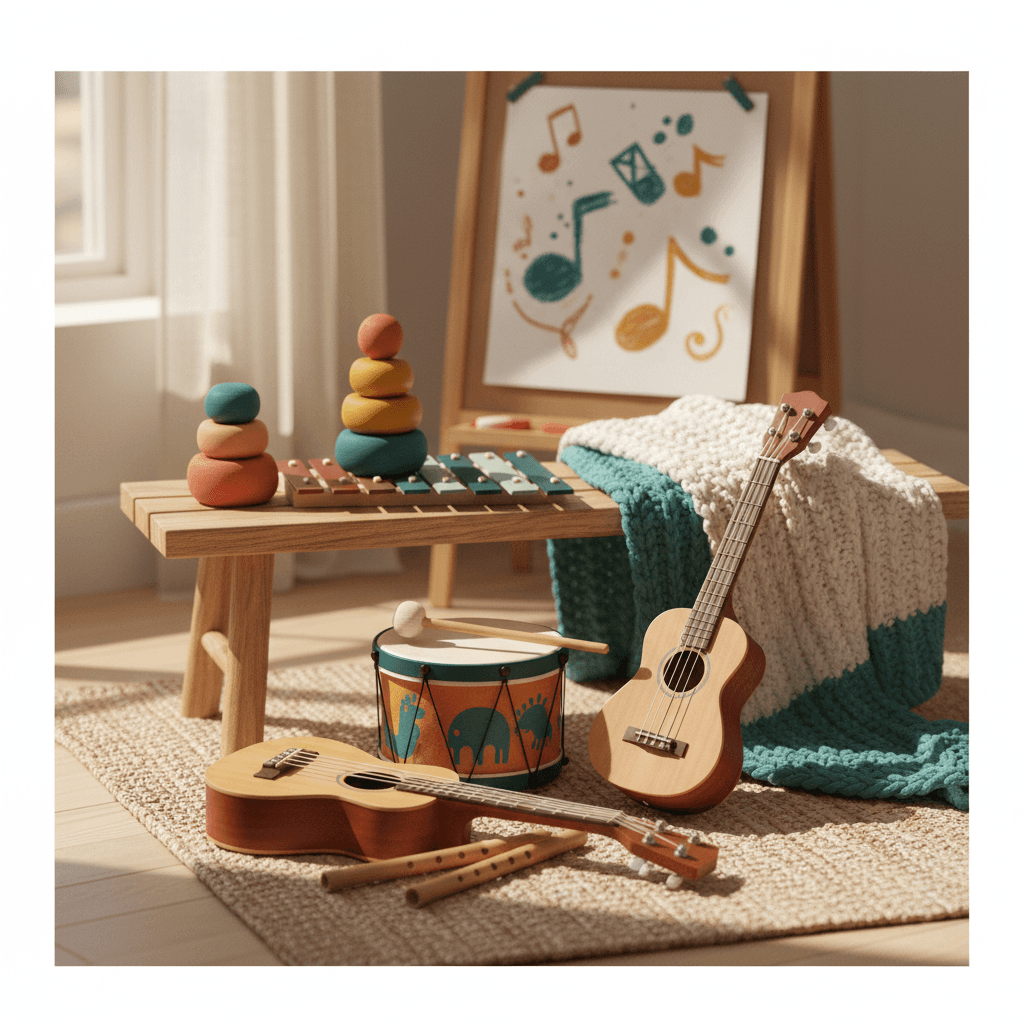 Acoustic guitar, ukulele, and wooden percussion instruments arranged on a neutral surface in natural light.
