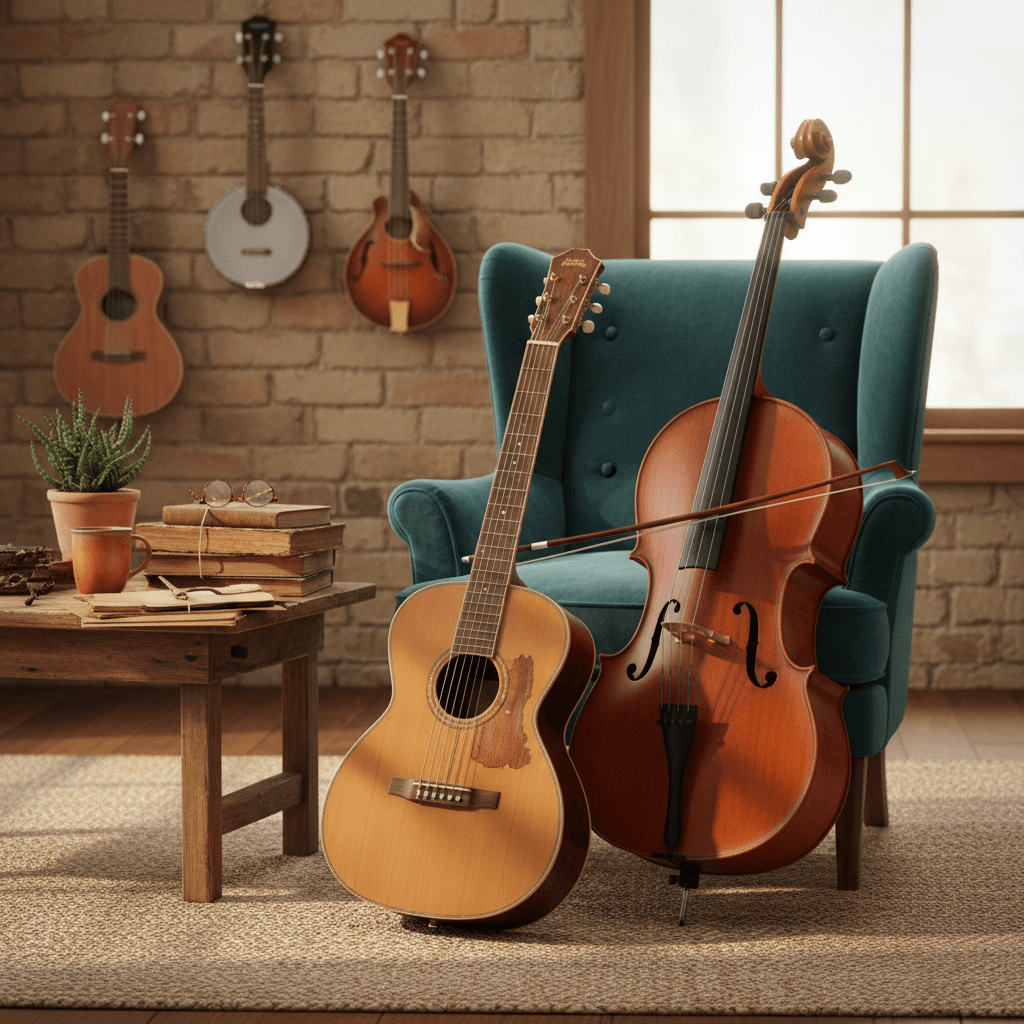 # Alt Text for Music Lessons for Adults Blog
Acoustic guitar, violin, and sheet music arranged on a wooden surface in warm natural light.
