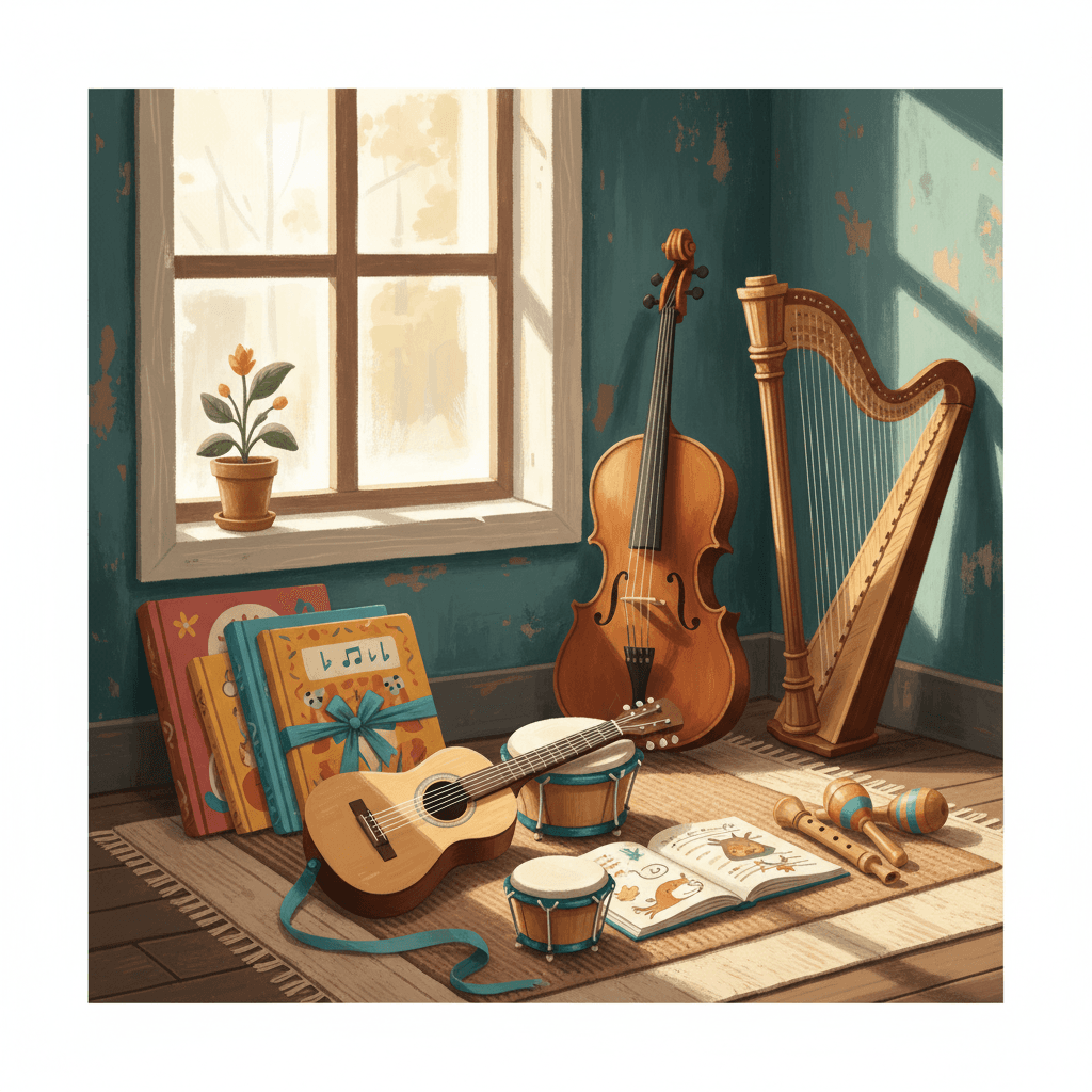# Alt Text Options
**Option 1 (12 words):**
Acoustic instruments arranged in natural light with warm earth tones and a deep teal accent.
**Option 2 (15 words):**
Close-up of acoustic instruments bathed in soft natural light, featuring warm earth tones with deep teal accents.
**Option 3 (13 words):**
Arrangement of acoustic instruments in warm sunlight, showcasing earth tones with a deep teal color accent.