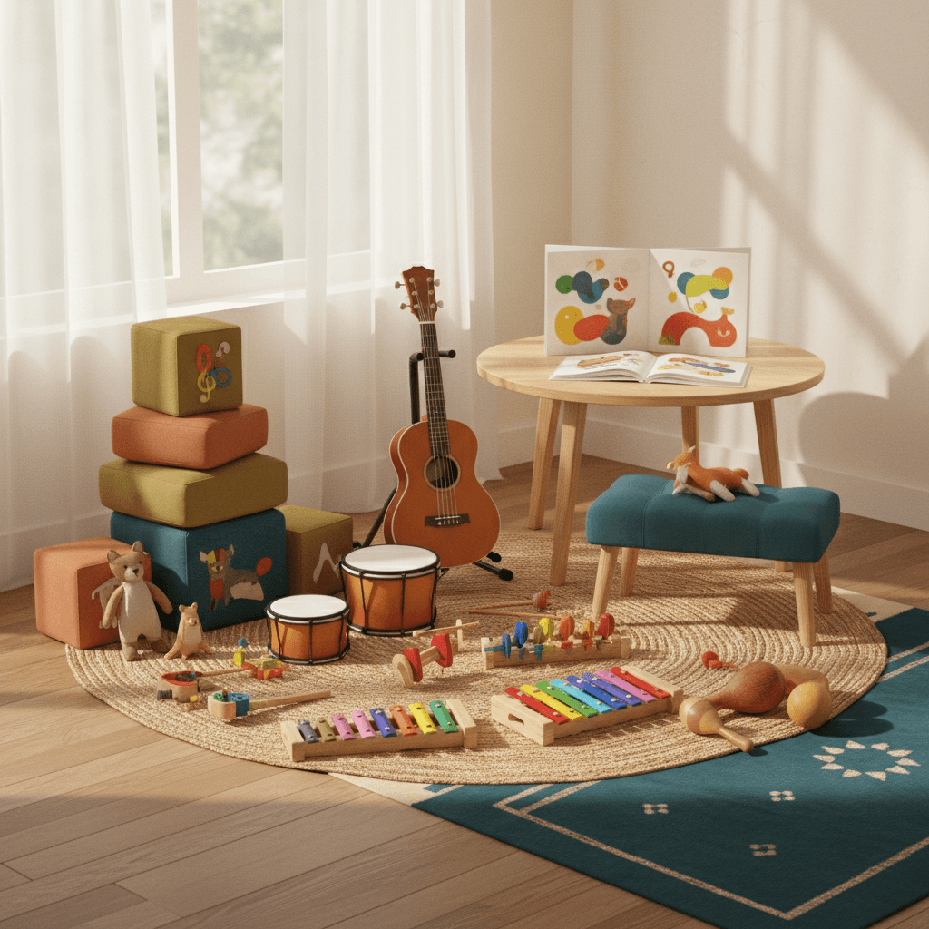 Acoustic guitar, ukulele, and wooden percussion instruments arranged on warm neutral fabric in natural light.