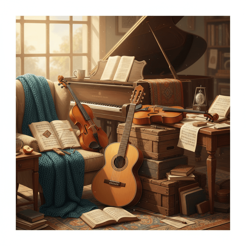Acoustic guitar, violin, and sheet music arranged on warm wooden surface in natural light.