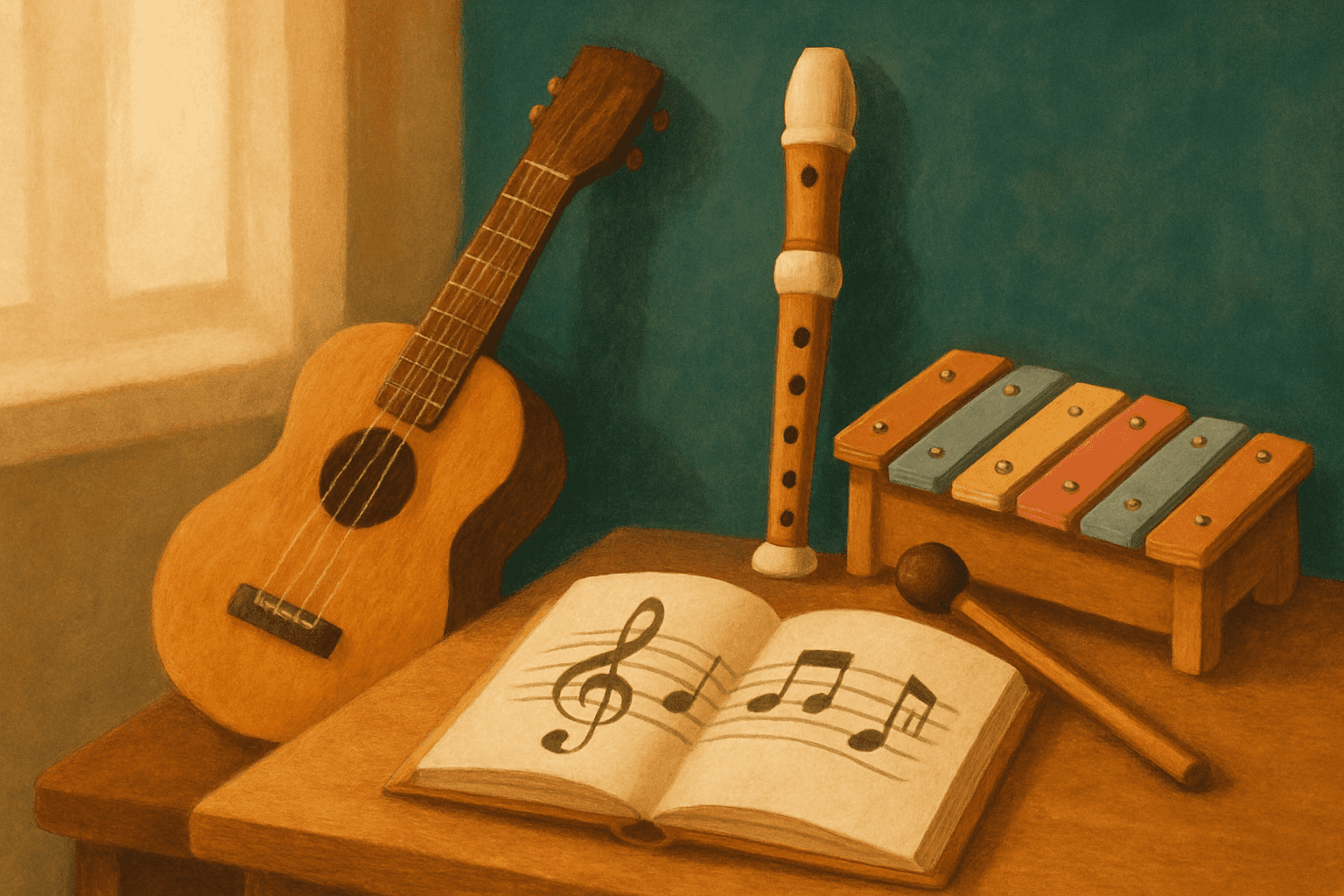 Collection of acoustic instruments including guitar, ukulele, and violin arranged on warm wooden surface in soft natural light.