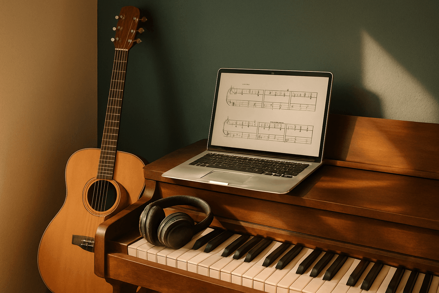 A wooden acoustic piano sits in soft natural light beside sheet music and a metronome on a wooden surface.