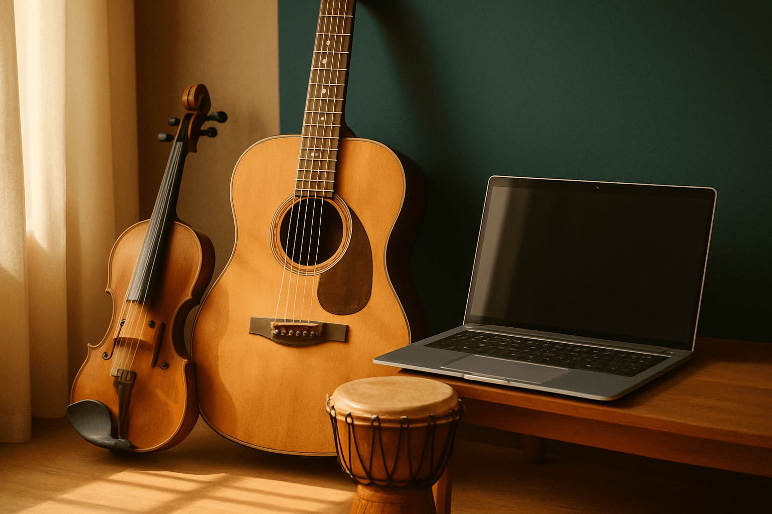 Acoustic guitar and violin rest on a wooden surface in warm, diffused natural light.