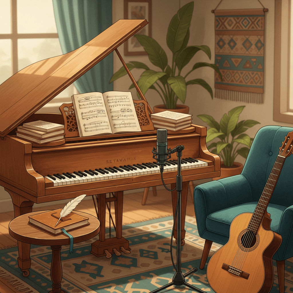 Acoustic guitar, violin, and sheet music arranged on a wooden surface in warm natural light.