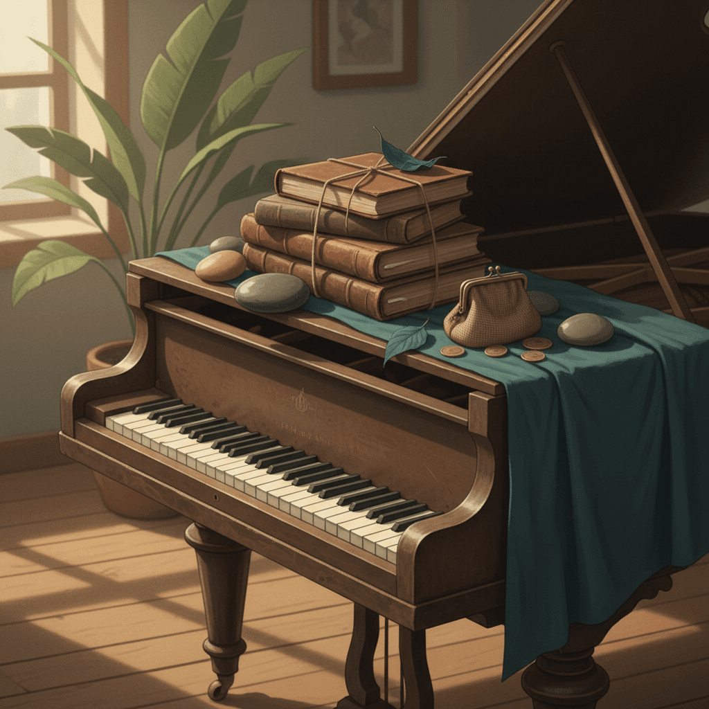 Acoustic piano with sheet music on stand, photographed in warm natural light with soft shadows.