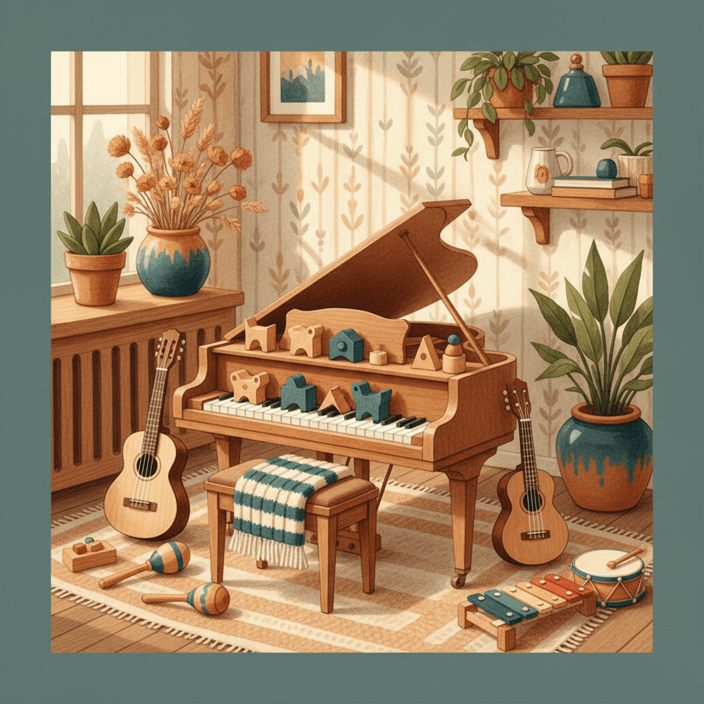 Acoustic piano keyboard in soft natural light with warm earth tones and deep teal accent colors.