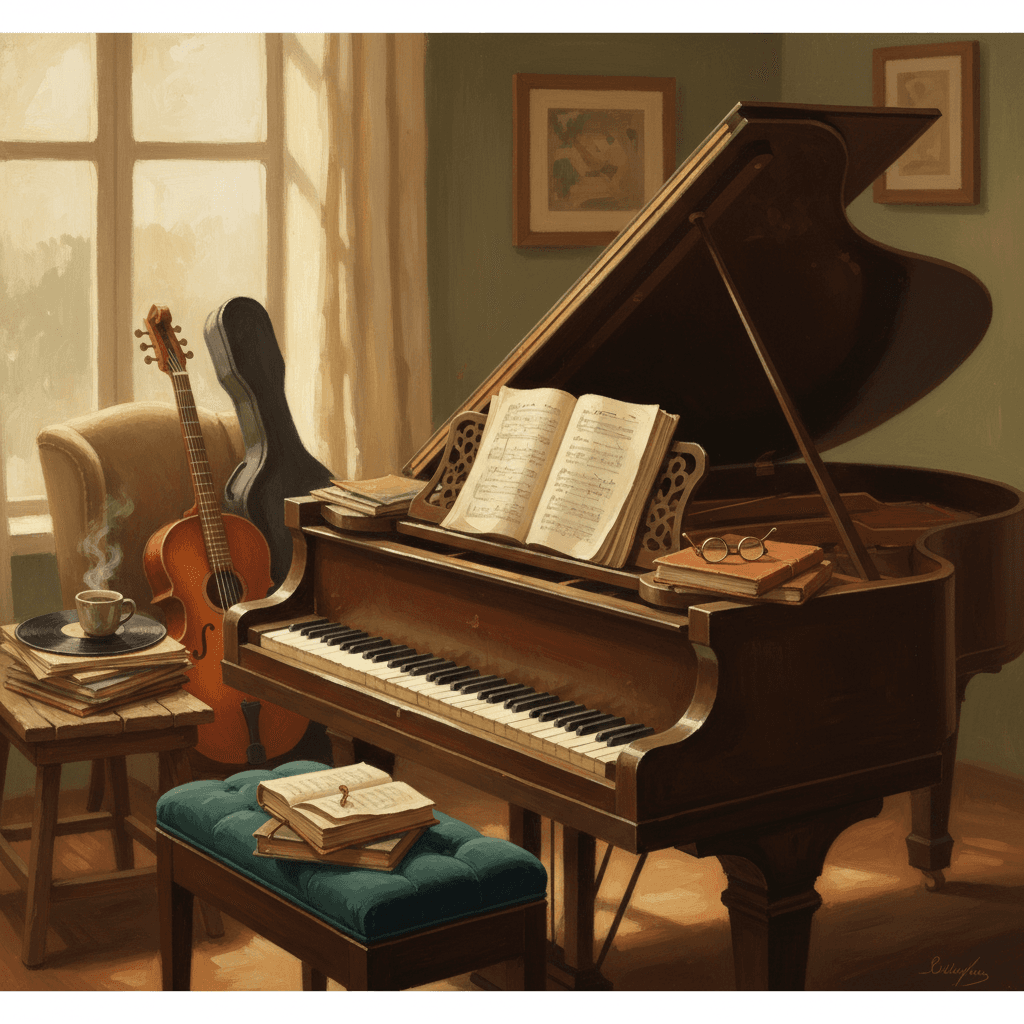 # Alt Text for Piano Lessons for Adults Blog Cover
"Acoustic piano and violin resting on a wooden surface, bathed in warm natural light with earth-tone backdrop."