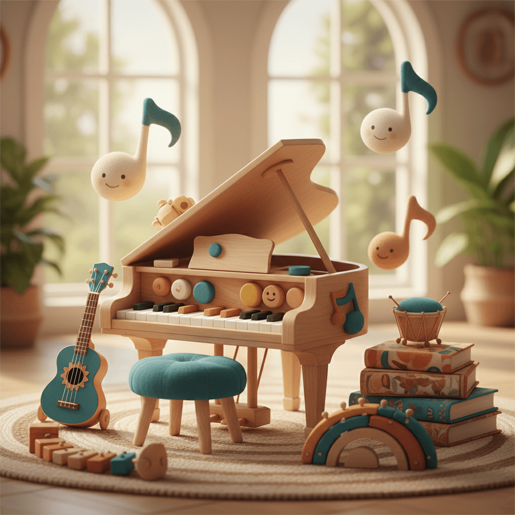 Acoustic guitars and a piano arranged together in warm, natural light with earth-tone colors and a deep teal accent.
