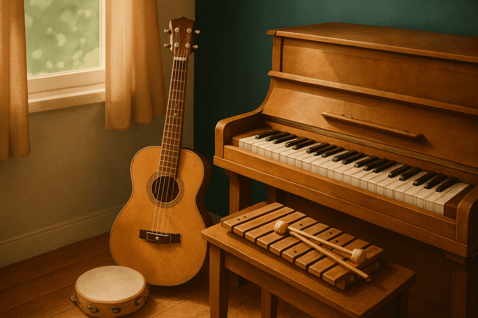 A wooden acoustic piano keyboard visible in soft, warm natural light with earth-toned background and deep teal accent.