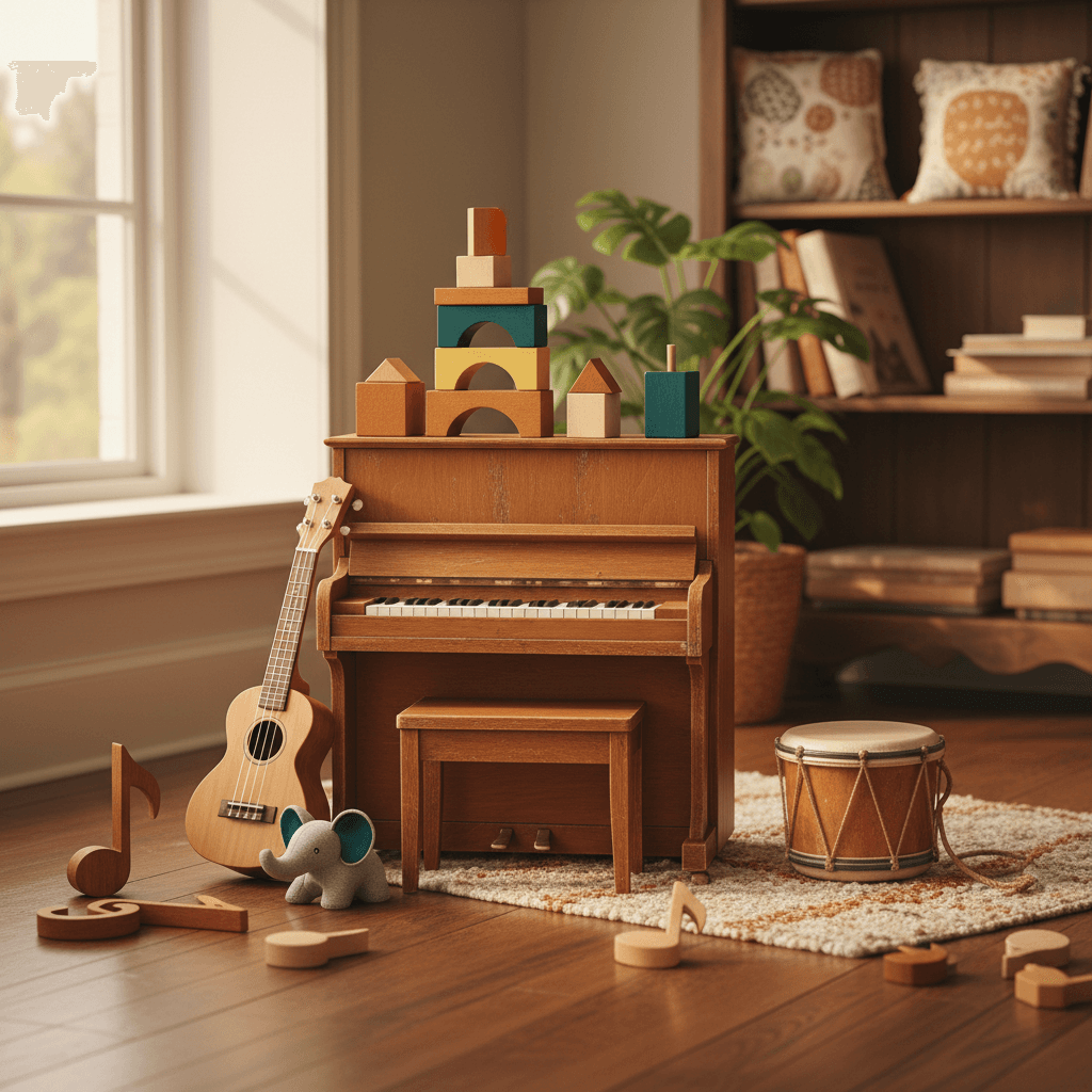Acoustic guitar and wooden piano keys arranged closely together, bathed in soft warm natural light.
