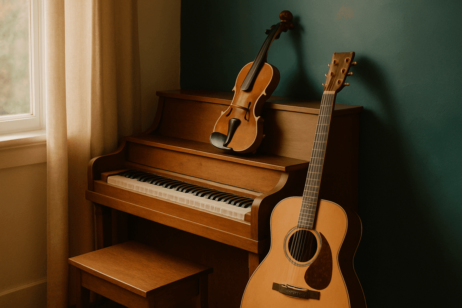 Acoustic piano with warm wooden tones bathed in soft natural light streaming through window.
