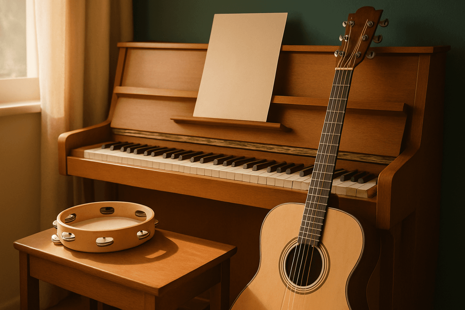 A wooden acoustic piano keyboard bathed in soft natural light, with sheet music and a metronome nearby on warm wooden surfaces.