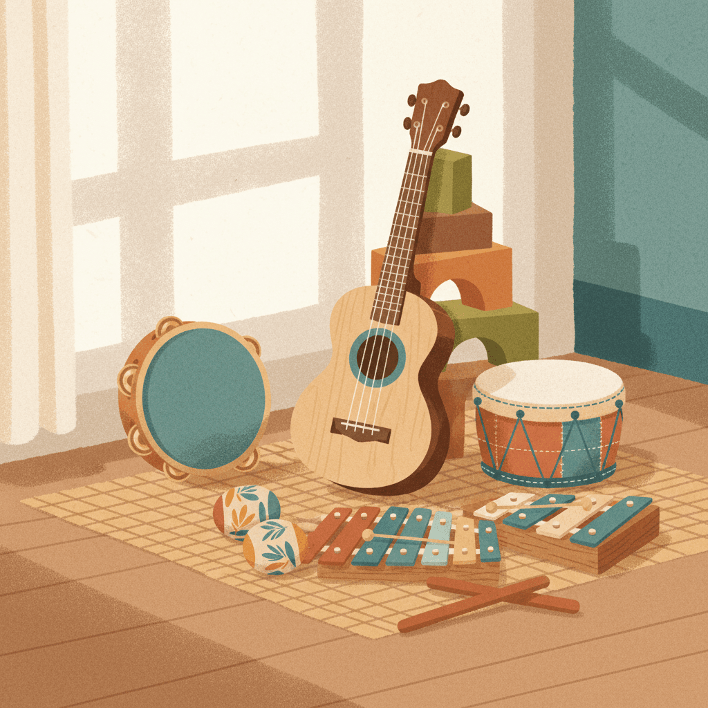 Acoustic guitar, ukulele, and wooden percussion instruments arranged on a neutral surface in warm natural light.