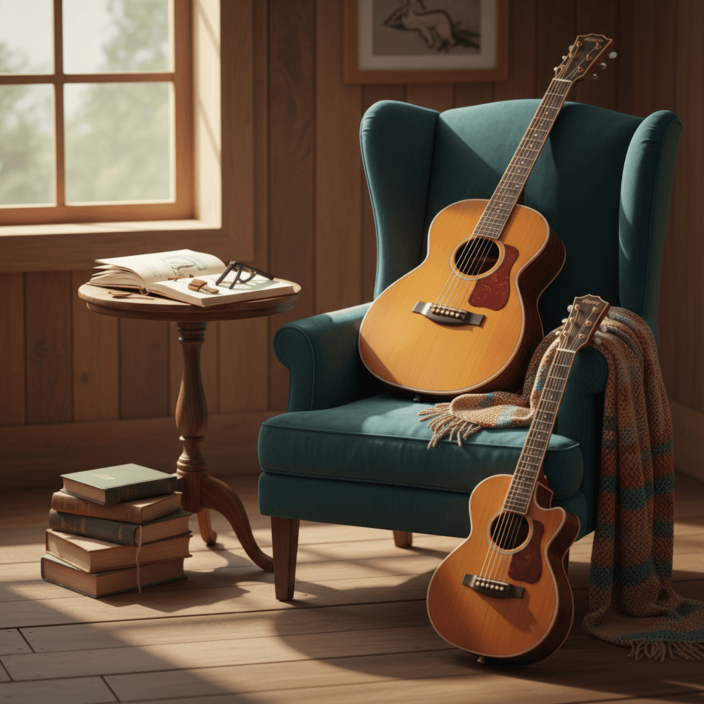 # Alt Text Option 1
Acoustic guitars arranged on a wooden surface, bathed in warm natural light with soft shadows.
# Alt Text Option 2
Close-up of acoustic guitar bodies and strings, lit by diffused natural light in warm, earthy tones.
# Alt Text Option 3
Several wooden acoustic guitars positioned together, illuminated by soft window light creating gentle shadows.