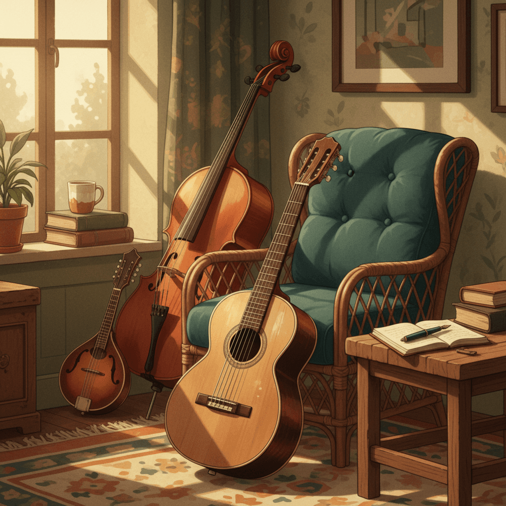 Acoustic guitar, violin, and sheet music arranged on wooden surface in warm natural light.