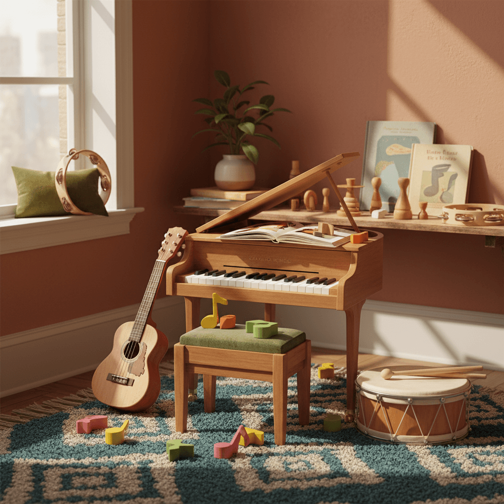Small acoustic guitar and wooden piano keys arranged together, bathed in warm natural sunlight casting soft shadows.