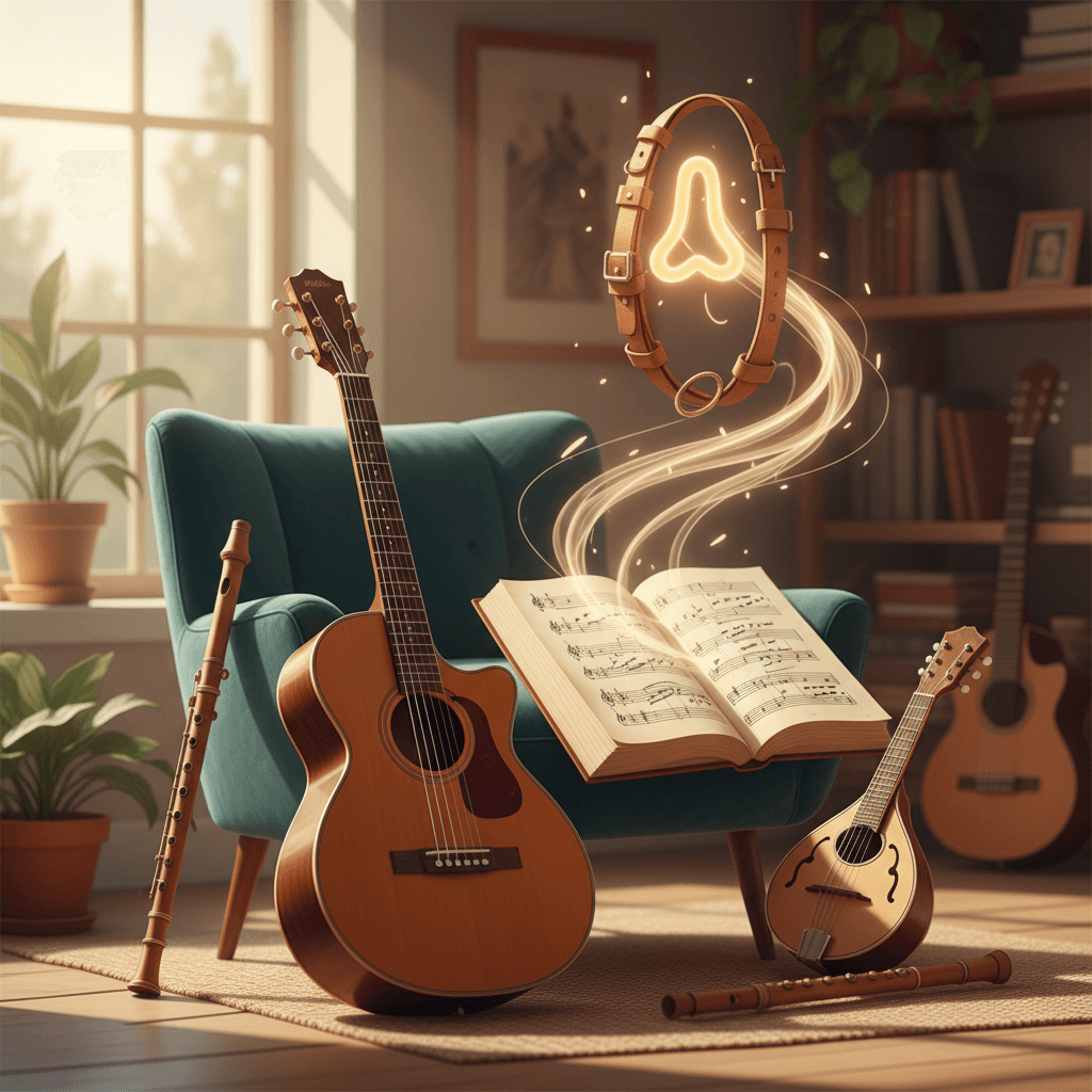 Acoustic guitar and violin resting on warm wooden surface in soft natural light.