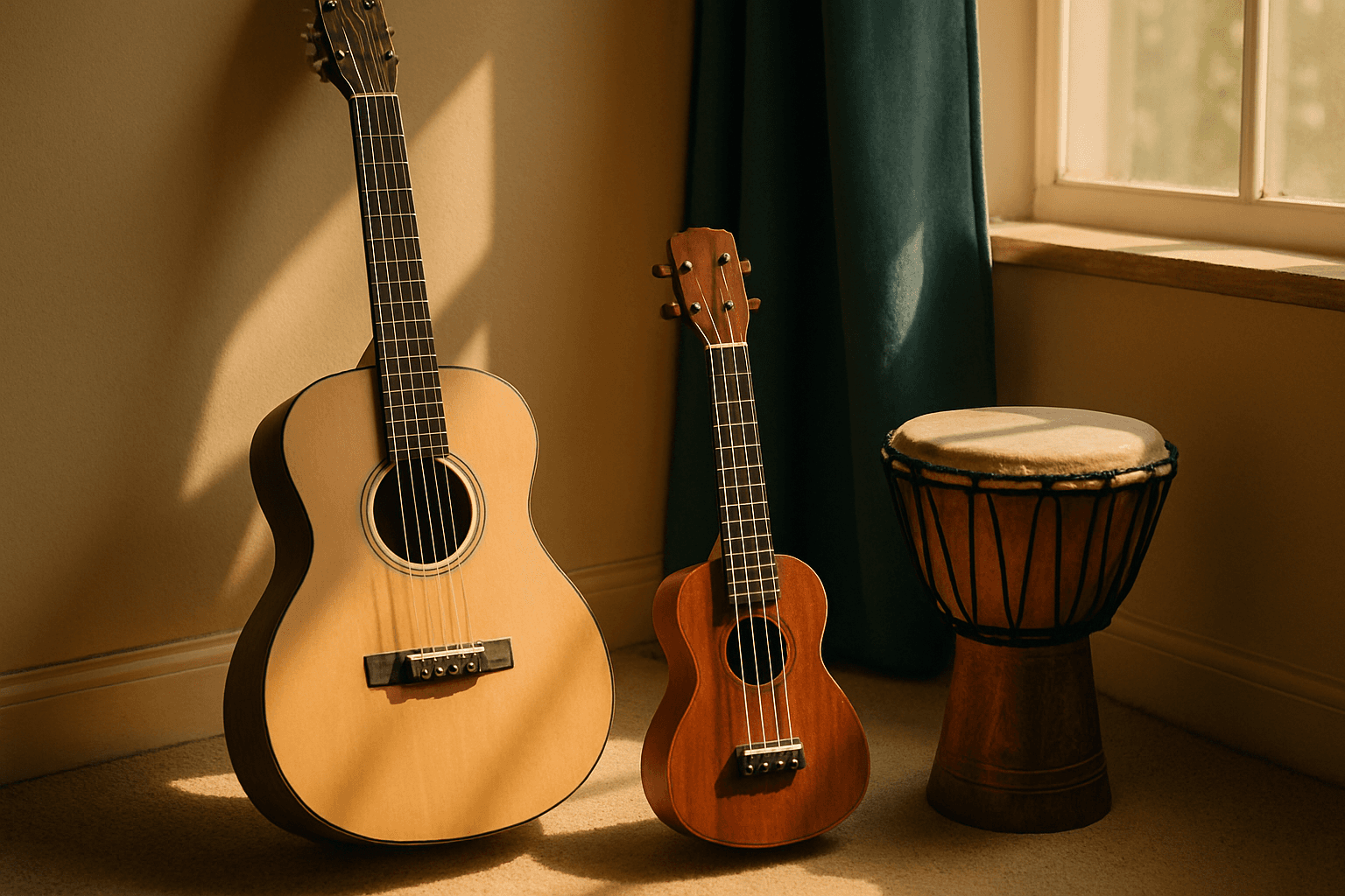 Two acoustic guitars and a small ukulele rest on a wooden surface in warm natural sunlight.