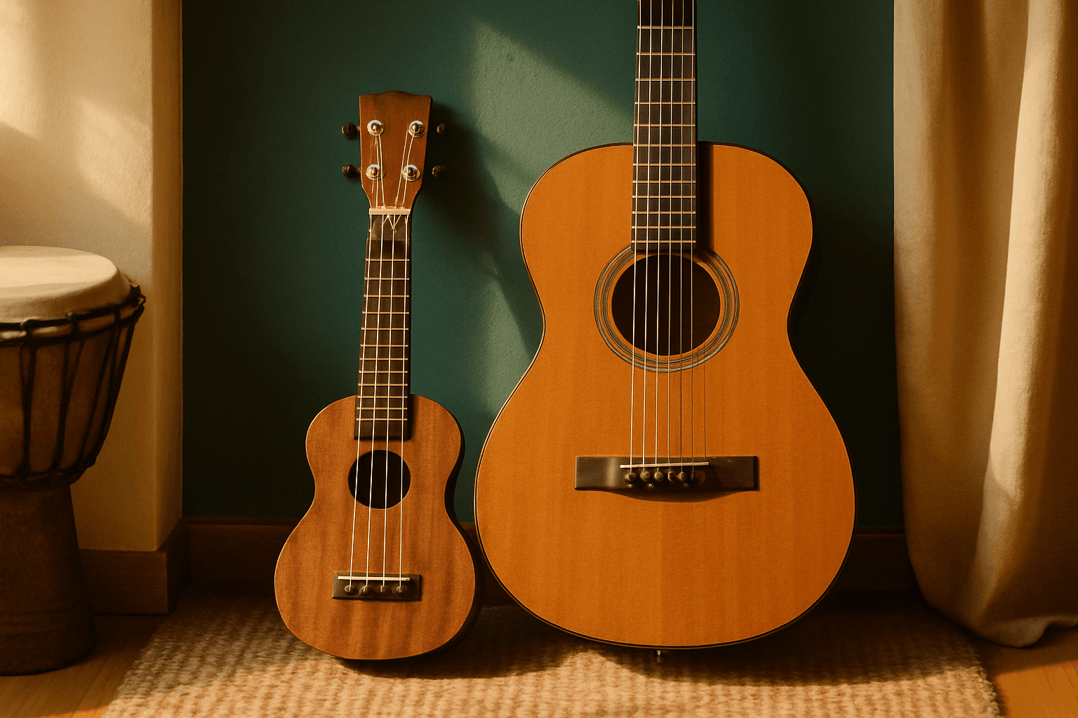 A wooden acoustic guitar and ukulele rest side by side in warm natural light with earth tones.