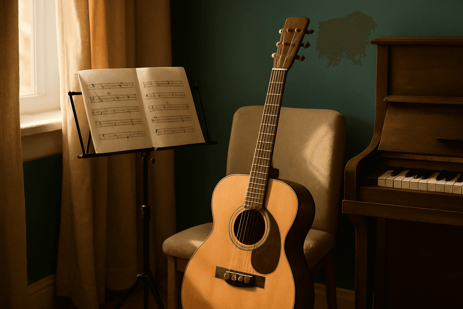 Acoustic guitar and ukulele resting on a wooden surface in warm, natural sunlight with soft shadows.