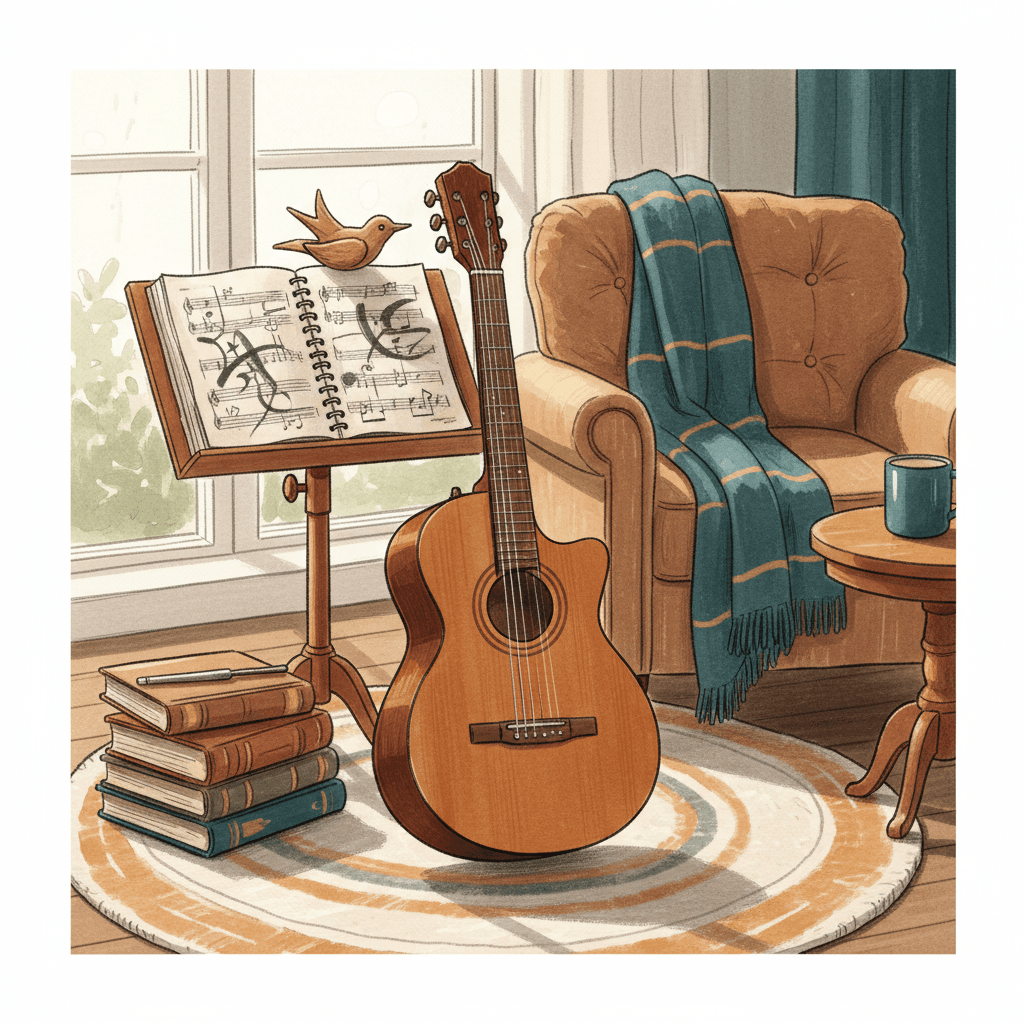 # Alt Text
Acoustic guitar and violin resting on warm wooden surface in soft natural sunlight, earthy tones with teal fabric accent.