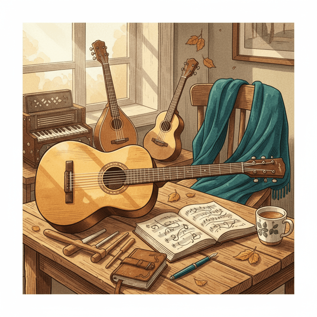 Acoustic guitar and violin resting together on a wooden surface in warm, natural sunlight.