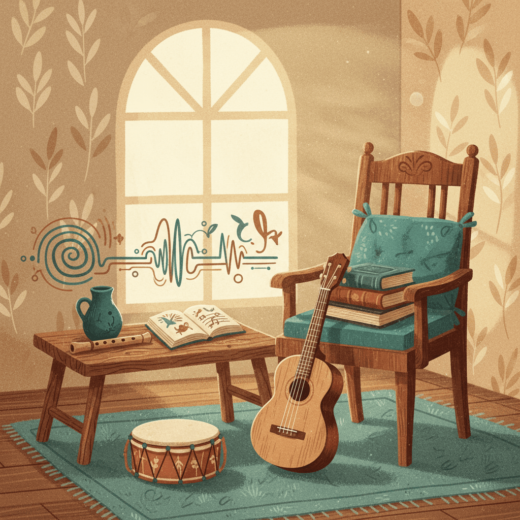 A collection of acoustic instruments arranged in warm natural light, including guitar and ukulele against earth-tone backgrounds with teal accents.