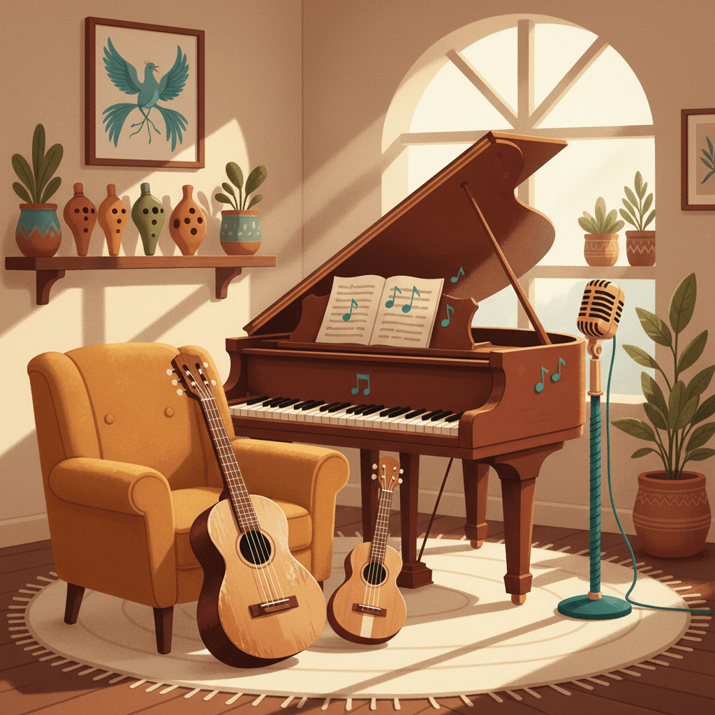 A collection of acoustic instruments arranged in warm natural light, including guitar and ukulele with earth tone and teal accents.