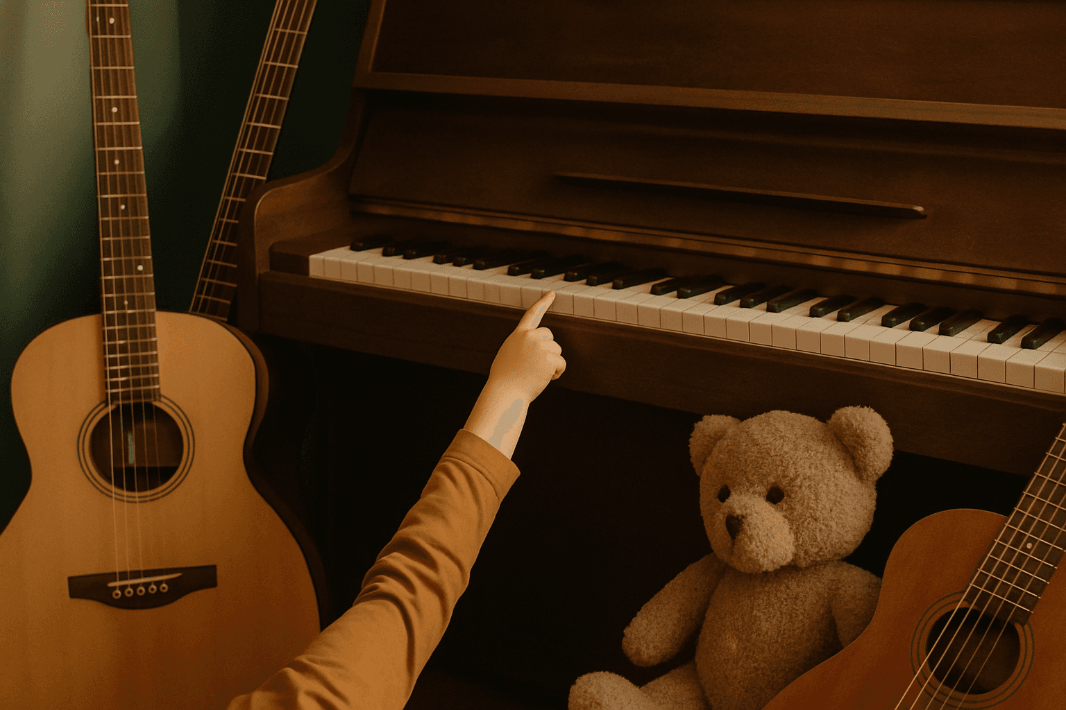 A wooden acoustic guitar and piano keys arranged together in soft, warm natural lighting.