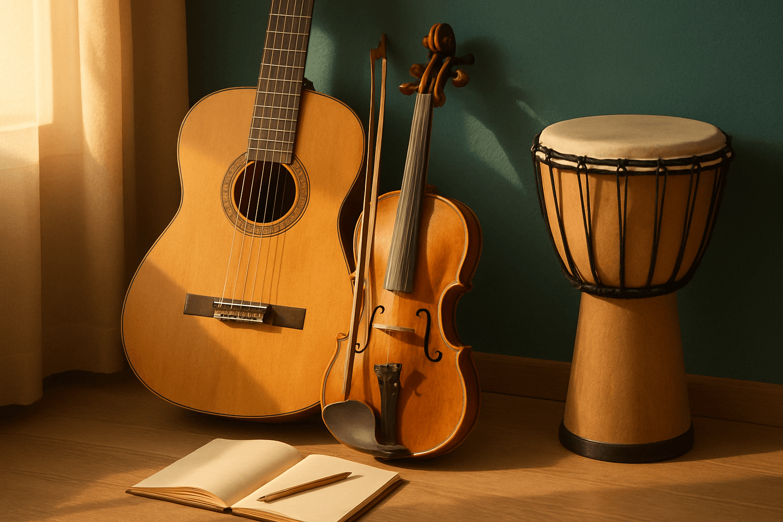Acoustic guitars and ukuleles arranged in warm natural light with soft earth tone and teal colors.
