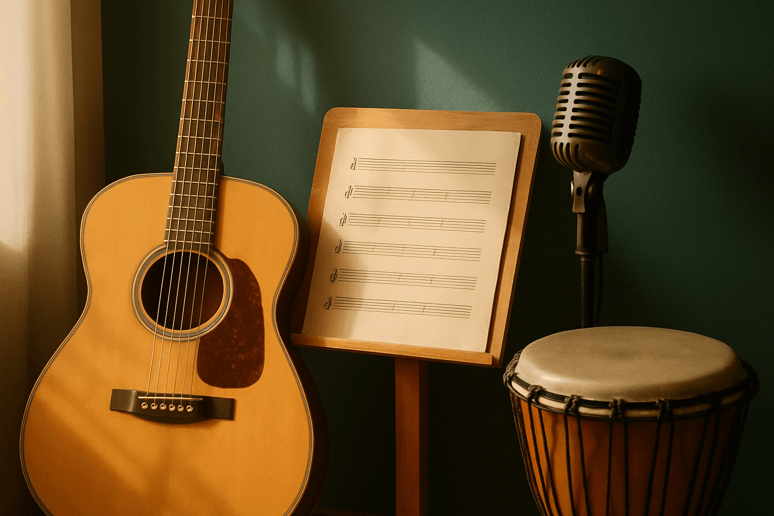 Acoustic guitar and violin resting on wooden surface in warm, diffused natural light.